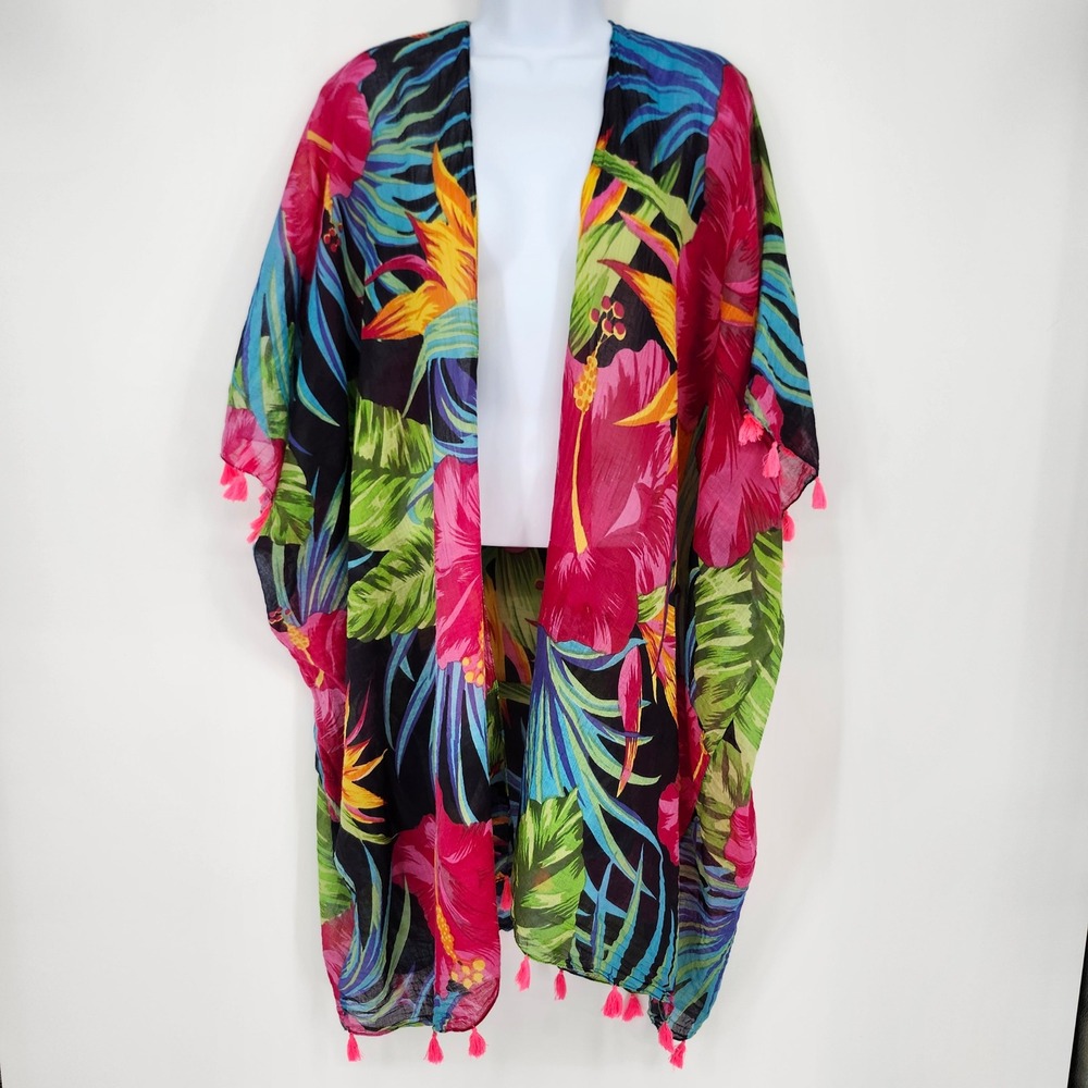 Paradise Womens Colorful Tropical Hibiscus Kimono Cover Up One Size Tassel Beach